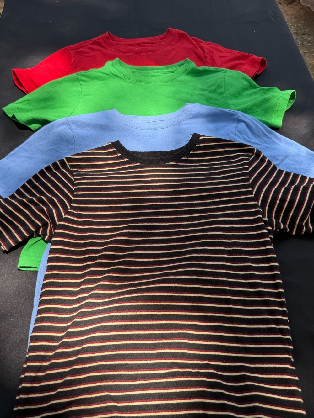Bundle of Four Short Sleeve Tees - Striped Black Tee + Solid Red, Green, Blue